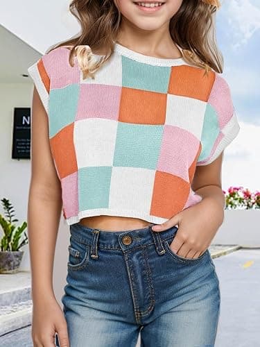 Girls Fall Crop Tops 2025 Cute Cap Sleeve Spring Summer Colorblock Loose Kids Knit Winter Sweaters Top thumbnail 2