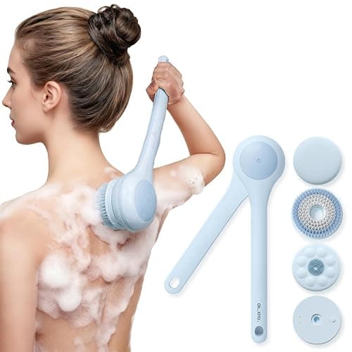 Oh,XIYU. Electric Body Brush Back Scrubber for Shower, Waterproof Long Dual Handle Power Body Scrubber with 3 Heads, Bath Brush & 2 Speeds, for Cleansing, Exfoliating and Massaging Skin, Sky Blue - Image 1