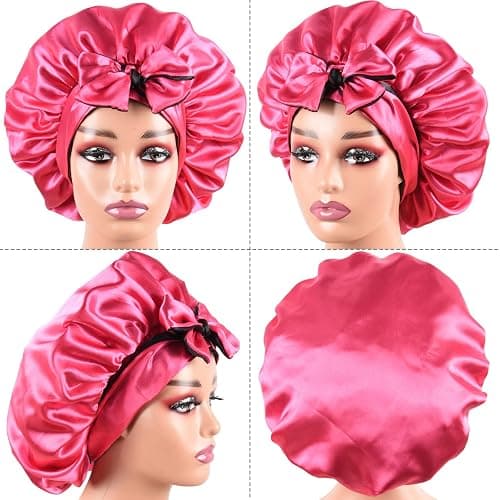 Satin Bonnet with Tie Band Adjustable Silk Bonnet Sleep Cap for Braids double layer with Tie for Sleeping (Hot Pink +Black) thumbnail 7