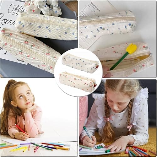 mkemka Big Capacity Cute Pencil Case Set for Girls 2 Pack Pink Blue Portable Canvas Pen Bags with Small Floral Design Ideal for Student Stationery Storage thumbnail 7
