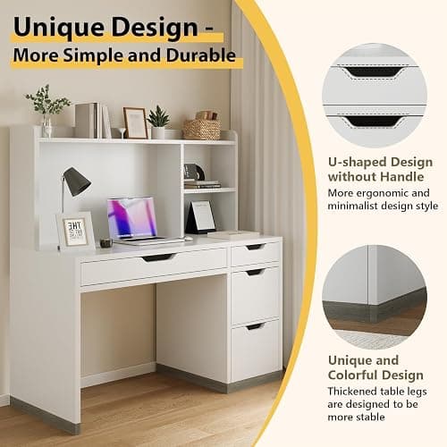 MaverickFurni White Desk with Hutch and Drawers, 53 Inch Computer Desk with Storage File Drawer, White Study Desk with 4 Drawers for Bedroom, Small Space thumbnail 6