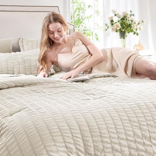 CozyLux Queen Comforter Set Oatmeal Seersucker 7 Pieces Bed in a Bag Queen Comforter Set with Sheets Luxury Soft Bedding Set with Down Alternative Comforter, Sheets, Pillowcases & Shams for All Season thumbnail 3