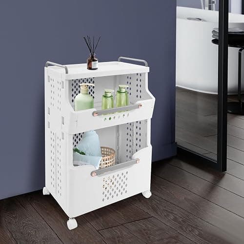 2-Tier Laundry Basket with Wheels, Stackable Storage Bins, Plastic Foldable Laundry Room Bathroom Storage Organizer thumbnail 4