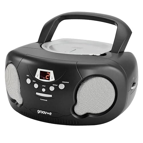 Groov-e Original Boombox - Portable CD Player with Bluetooth, Radio, 3.5mm Aux Port, & Headphone Socket - LED Display, 2 x 1.2W Speakers - Battery or Mains Powered - Black - Image 1