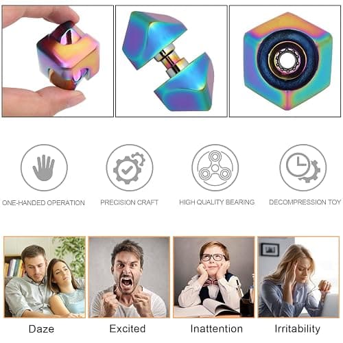QLKUNLA Fidget Cube Spinner Anti-Anxiety Focusing Fidget Toys EDC Fidgets Spinner 4-in-1 Toy Metallic Focus Toy Cube Finger Top Desktop ADHD Stress Relieve Toys for Kids and Adults (Rainblow) thumbnail 4