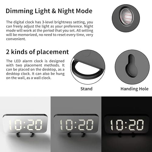 EXTSUD Sveglia Digitale con Display a Specchio Orologio Sveglia Elettronica con Luce Notturna Grande LED Schermo 12/24H Funzione Pisolino 2 Porte USB per Ricarica Smartphone thumbnail 7