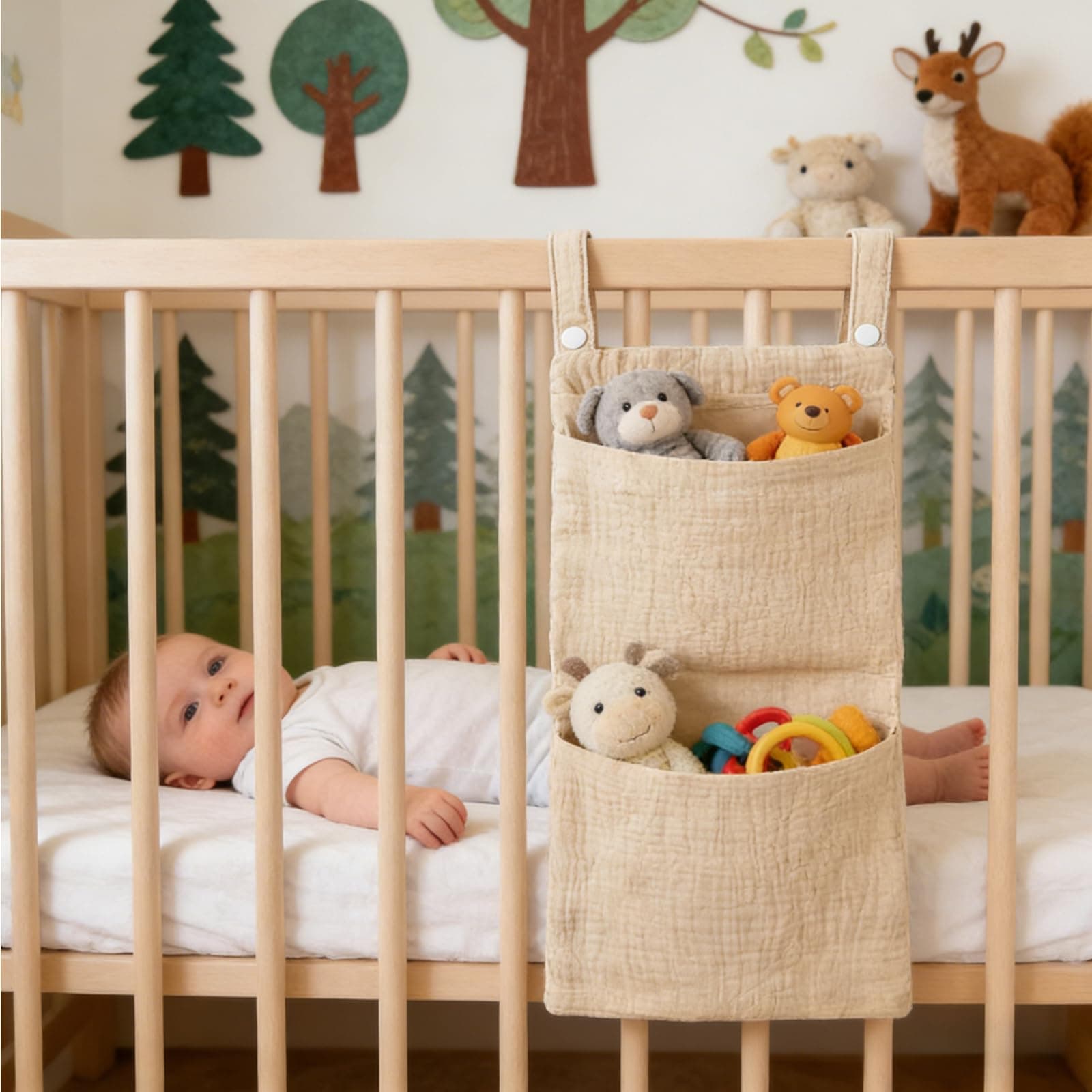 1-Pack Baby Crib Organizer, Hanging Storage Bag, Diaper Caddy, Attach to Crib Side for Diapers, Toys, Clothing, Khaki Color thumbnail 4