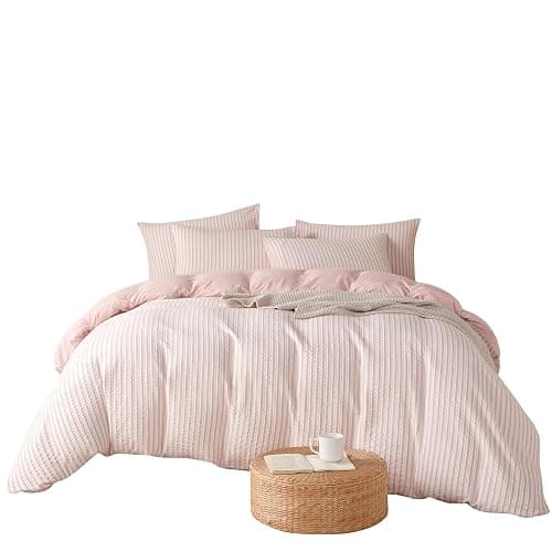 BUPIRD Pink Comforter Set Queen Size Striped 100% Soft Washed Microfiber Jacquard 3 Pieces Striped Bedding Sets Pink White Comforter Queen for All Seasons and 2 Pillowcases Comfort Breathable thumbnail 9