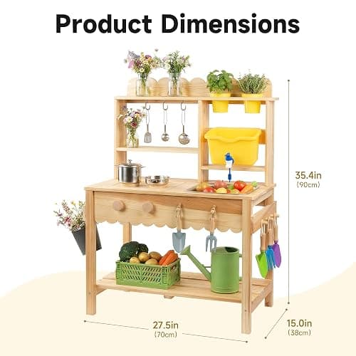 Wooden Mud Kitchen for Kids with Working Faucet and Removable Sink | Outdoor Play Kitchen Set with 10 Accessories, Stainless Steel Cookware & Planter Pots, Kids Play Kitchen for Ages 3+ thumbnail 3