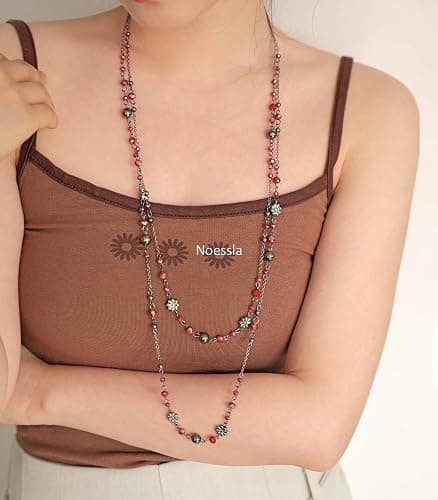 Noessla Layered Long Necklaces for Women Silver Black Beaded Necklace Vintage Flower Costume Jewelry Birthday Gifts for Women thumbnail 3