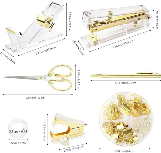 Gold Desk Accessories, Office Supplies Set with Acrylic Stapler, Tape Dispenser, Staple Remover, Pen Holder, Scissor, Binder Paper Clips, 1 Ballpoint Pen, 1 Clear Tape and 1000pcs Staples thumbnail 3