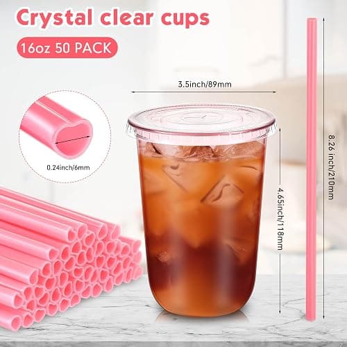 Ziliny 50 Sets Clear Plastic Cups with Heart Shaped Straws and Lids, Disposable Iced Coffee Cups Drinking Pet for Cold Drinks, Valentine's Galentine's Day Bridal Baby Showers Party (16 oz,Pink) thumbnail 3