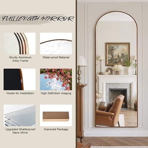 Reflix 147 x 44 cm Arched Full Length Mirror, Aluminium Frame with Walnut Wood Look, Freestanding Hanging Leaning Wall Mounted Full Length Dressing Mirror for Living Room, Bedroom thumbnail 4