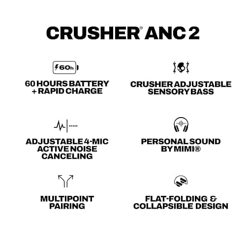 Skullcandy Crusher ANC 2 Wireless Over-Ear Bluetooth Headphones with Multi-Sensory Bass, Active Noise Cancelling, Up to 60 Hours Battery, Microphone for iPhone Android - Drab thumbnail 9
