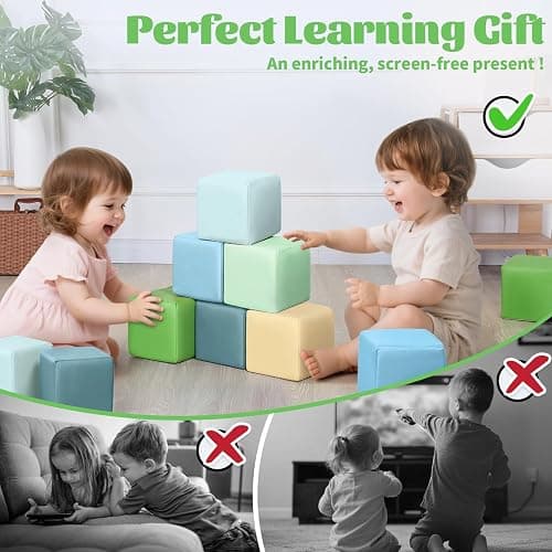 Todiby Foam Building Blocks for Toddlers：12-Pieces Wipeable Leather Stacking Cubes Kids - Large Soft Toys Play Set for Learning Construction Baby Preschool Daycare Therapy Birthday Gift (Yellow Green) thumbnail 5