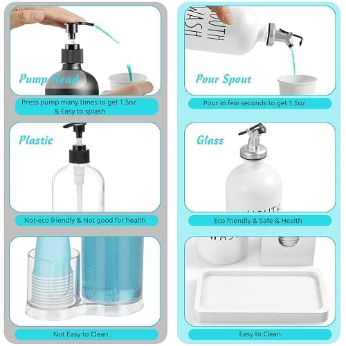 Glass Mouthwash Dispenser for Bathroom, 16 OZ Mouthwash Dispenser with Pour Spout and Wood Cup Holder and Tray, Mouth Wash Bottle Container, Farmhouse Kitchen Bathroom Decor and Accessories, White - White thumbnail 5