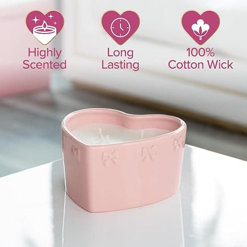 Paris Hilton Cupcake Sprinkles Scented Candle, Pink Heart-Shaped Ceramic Vessel with Embossed Bow Detail, Premium Plant Wax Blend, 3-Wicks, 12-Ounce thumbnail 7
