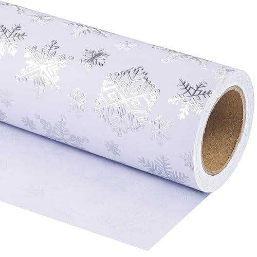 WRAPAHOLIC 3D Kraft Christmas Wrapping Paper Roll - Mini Roll - 17 Inch x 16.5 Feet - Silver and White Snowflake Wrapping Paper with Embossed Perfect for Christmas, Holiday, Party Celebration thumbnail 3