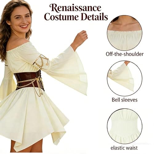SVMVVGW Renaissance Costume Women Pirate outfit Ren Faire Dress Off Shoulder Bell Sleeve Arm chain Waist Belt waist chain thumbnail 3