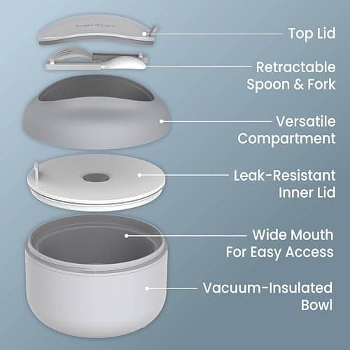 Bentgo Bowl - Insulated Leak-Resistant Bowl with Snack Compartment, Collapsible Utensils and Improved Easy-Grip Design for On-the-Go - Holds Soup, Rice, Cereal & More - BPA-Free, 21.2 oz (Gray) thumbnail 8