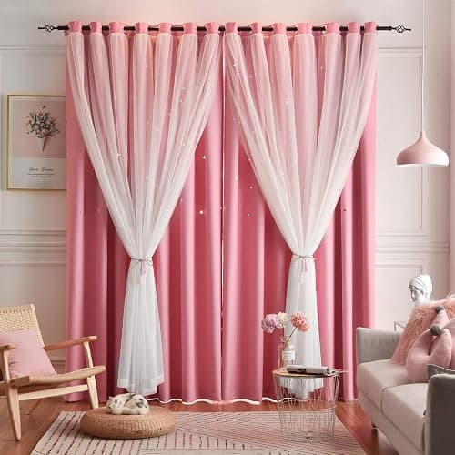 Loyala Star Blackout Curtains - 2 Panel Set, 84 Inches Long, Pink, Nursery & Girls' Room, Cute Kids Design - Image 1