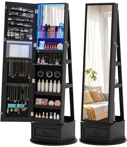 Vlsrka Mirror Jewelry Cabinet Standing with Lights, Lockable, Swivel, Black | Standing Jewelry Armoire with Full Length Mirror, Large Jewelry Organizer Storage with Foldable Makeup Shelf, 3 LED Lights - Image 1