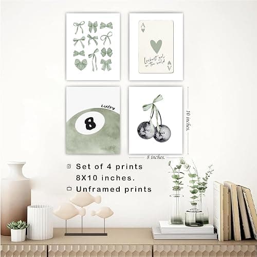 okaxscm Wandkunstdrucke in Kokette, trendig, adrett, Raumdekoration, ästhetisch, grüne Schleife, Disco, 8 Kugeln, Kirsche, Wanddekoration, Poster für Mädchen, Schlafzimmer, Schlafsaal, 20,3 x 25,4 cm thumbnail 3