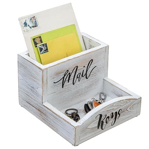 MyGift Shabby Whitewashed Solid Wood Mail Holder and Key Organizer Entryway Storage Tray with Cursive Mail and Keys Word Design, Office Desktop Organizing Bin - Image 1