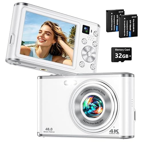 4K Digital Camera for Photography 48MP Dual Lens Autofocus 16X Zoom, White | Portable with Anti-Shake, Flash, 2.8" Screen, Vlogging Camera for YouTube Travel Selfies, Beginners, 32GB Card, 2 Batteries - Image 1