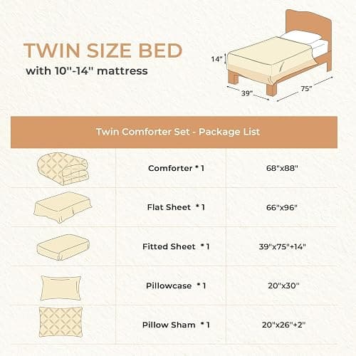 Sasttie Twin Comforter Set, 5-Piece Bed in a Bag, Pintuck Bedding Sets for All Season, Includes Comforter, Flat Sheet, Fitted Sheet, Pillowcase and Pillowsham, Beige thumbnail 7
