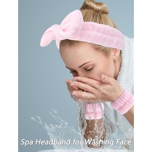 VELSCRUN Spa Headbands for Wash Face, Makeup Headband, Facial Skincare Headbands, 5 Pcs Pink Puffy Sponge Spa Headband Bow Tie Hair Band Hair Clips Wristband Set Women Girls Accessories thumbnail 2