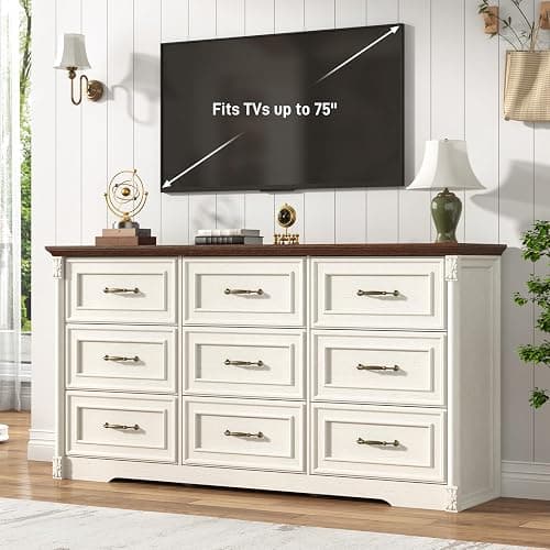 Farmhouse Wood 9 Drawer Dresser for Bedroom,Embossed Roman Column Wood Rustic 63 Inch Wide Dresser & Chest of Drawers with Rustic Handles,Tall Storage Organizer for Bedroom(Antique White) thumbnail 6