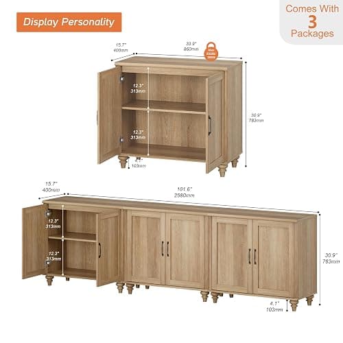WAMAPT Buffet Cabinet with 6 Wood Doors, Large Coffee Bar Table with Storage, Modern Wooden Kitchen Storage Cabinets with Vintage Gourd Leg, Farmhouse Sideboard Credenza for Dining Room, Oak, 102" thumbnail 2