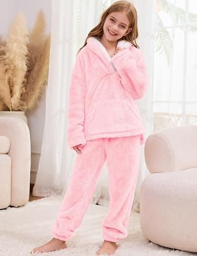 Kissonic Girls Fuzzy Pants Set Lapel Collar Pullover Fluffy Sweatshirt Fleece Pants Sweatsuit 2 Piece Outfits thumbnail 3