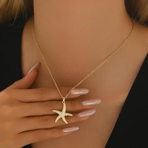 NONAMOIS 18K Gold Plated CZ Starfish Moon Lucky Horseshoe Pendant Necklace for Women Created Round White Opal Choker Necklace Dainty Stainless Steel Jewelry Gifts thumbnail 2