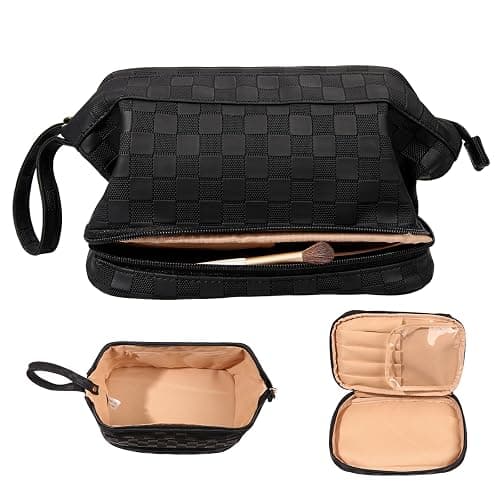 Abiudeng Large Capacity Makeup Bag Ladies Cosmetic Bag Travel Bag with Compartments Portable PU Leather Travel Makeup Bag with Handle - Image 1