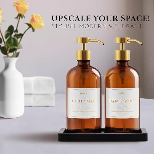 Glass Soap Dispenser Set of 2 (Amber) with Silicone Tray | Hand and Dish Soap Dispenser for Kitchen and Bathroom | 16.8 Oz Glass Bottles with Stainless Steel Pump & 15 Waterproof Labels (Amber/Gold) thumbnail 2