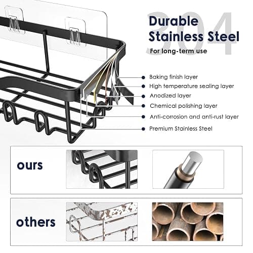 NESOMI Shower Caddy Adhesive Shower Organizer 7-Pack, Rustproof Stainless Steel Bathroom Shelves, Large Capacity No-Drill Rack Storage Accessories with Soap Dish Toothbrush Holder &24 Hooks Home Decor thumbnail 3