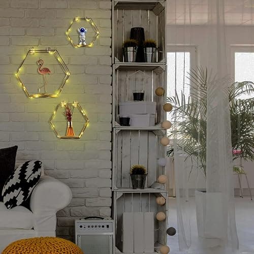 Liywall - Hexagon Floating Shelves Wall Decor, Gold Metal Wire and Wood Wall Mounted Storage Shelf Home Decorations Art for Bedroom Living Room Kitchen Bathroom, Set of 3 with LED Lights - Gold thumbnail 3