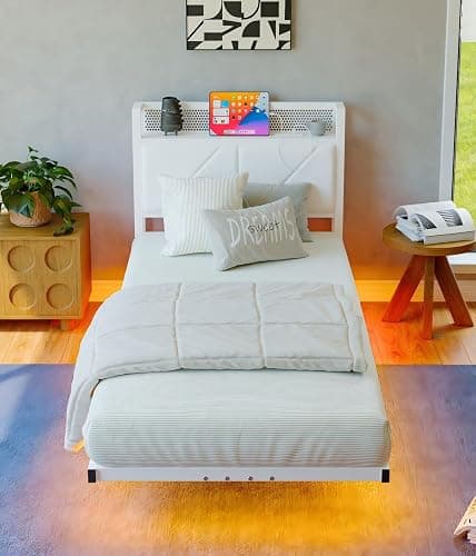 HAHRIR Single Floating Metal Bed Frame with LED Lights & USB Charging Station, 90×190cm Metal Platform Bed Frame with 3ft Upholstered Headboard Storage,Heavy Duty Metal Slats, Noise Free/White thumbnail 3