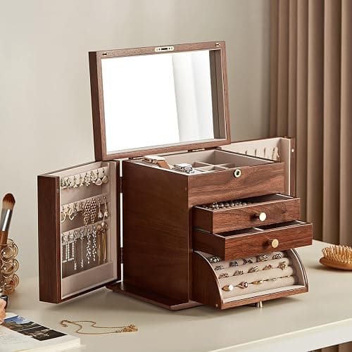 Homruilink Black Walnut Wooden Jewelry Box, Wood Jewelry Organizer with 2 Side Doors Mirror Lockable Classical for Watch Necklace Ring Earring Storage Christmas Gifts-4 Layer with Curved Ring Grooves - Image 1