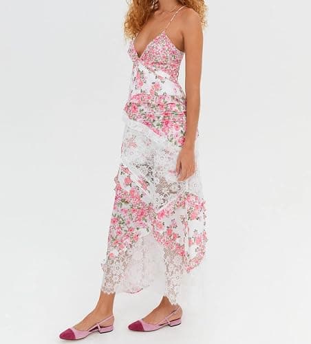 Women Spaghetti Strap Boho Maxi Dress Lace Patchwork Vacation Long Dress Summer Smocked Flowy Beach Sundresses thumbnail 4
