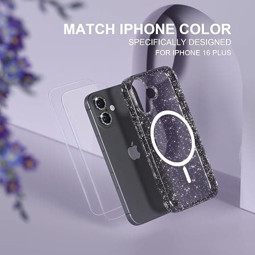 Choiche for iPhone 16 Plus Case Compatible with MagSafe, Glitter Black | Women Girly Cute Glitter Sparkly Magnetic Phone Case with Diamond Camera Lens Protectors, Military-Grade Drop Protection 6.7" thumbnail 7