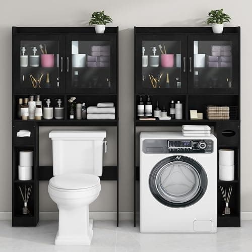 Vabches Over-The-Toilet Storage Cabinet, Farmhouse Style with 2 Acrylic Waves Doors, Space-Saving Home Storage Rack for Restroom, Bathroom and Laundry Room.Black. thumbnail 6