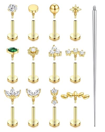 ORAZIO 18G 16G Hypoallergenic Flat Back Earrings Stud Earrings - 316L Surgical Steel Internal Thread Stud Piercing Jewelry for Tragus/Helix/Conch/Medusa/Lip/Labret - Helix Tragus Cartilage Earrings for Women - Image 1