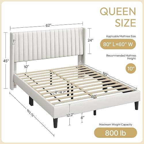 Yaheetech Queen Bed Frame Upholstered Platform Bed with Fabric Headboard, Wing Edge Design/Non-Slip and Noise-Free/Wooden Slats Support/No Box Spring Needed/Easy Assembly, Ivory Queen Bed thumbnail 2