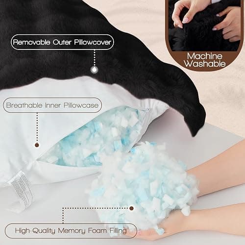 YZ HOME Faux Fur Fluffy Body Pillow for Adults - Firm Body Pillow Insert with Shredded Blue Memory Foam, Adjustable Height, Soft Support for Side Sleeping, Pregnant Women, Washable, 20x54 Inch (Black) thumbnail 4