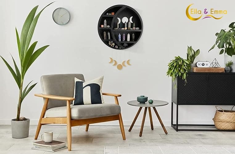 Ella & Emma Wooden Moon Shelf for Crystals - Crescent Moon Crystal Shelf, Storage & Wall Hanging Shelves for Bedroom Aesthetic, Moon Phase Wall Decor & Crystal Display Shelf, Pinewood, Black thumbnail 7