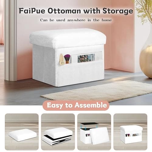 FaiPue Storage Ottoman Cube, Small Ottoman with Storage with Thicker Furry Padded Seat. Folding Soft Fur Foot Rest Stool for Living Room Bedroom, Holds Up to 300 lbs, 17x13x13IN (White) thumbnail 5