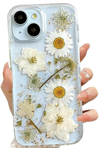 LSEEKA for iPhone 13 / iPhone 14/ iPhone 15 Clear Case with Pressed Real Flowers Design,Glitter Cute White Floral Pattern Soft TPU Protective Women Girl's Phone Cover for iPhone 13/14/15 thumbnail 2